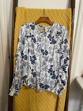LOFT White Blouse with Blue Floral Print